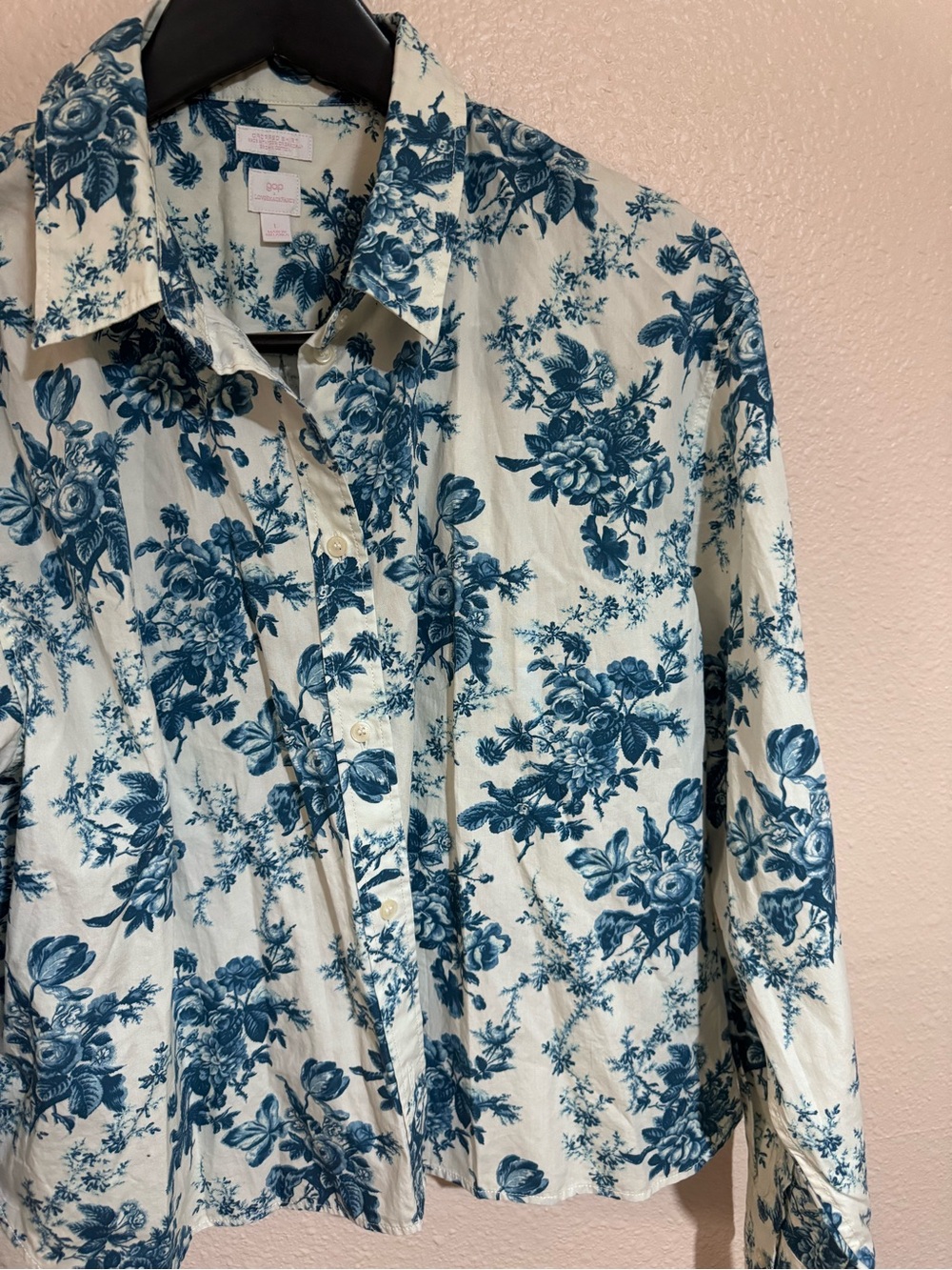 LoveShackFancy White and Blue Floral Button-Down Shirt